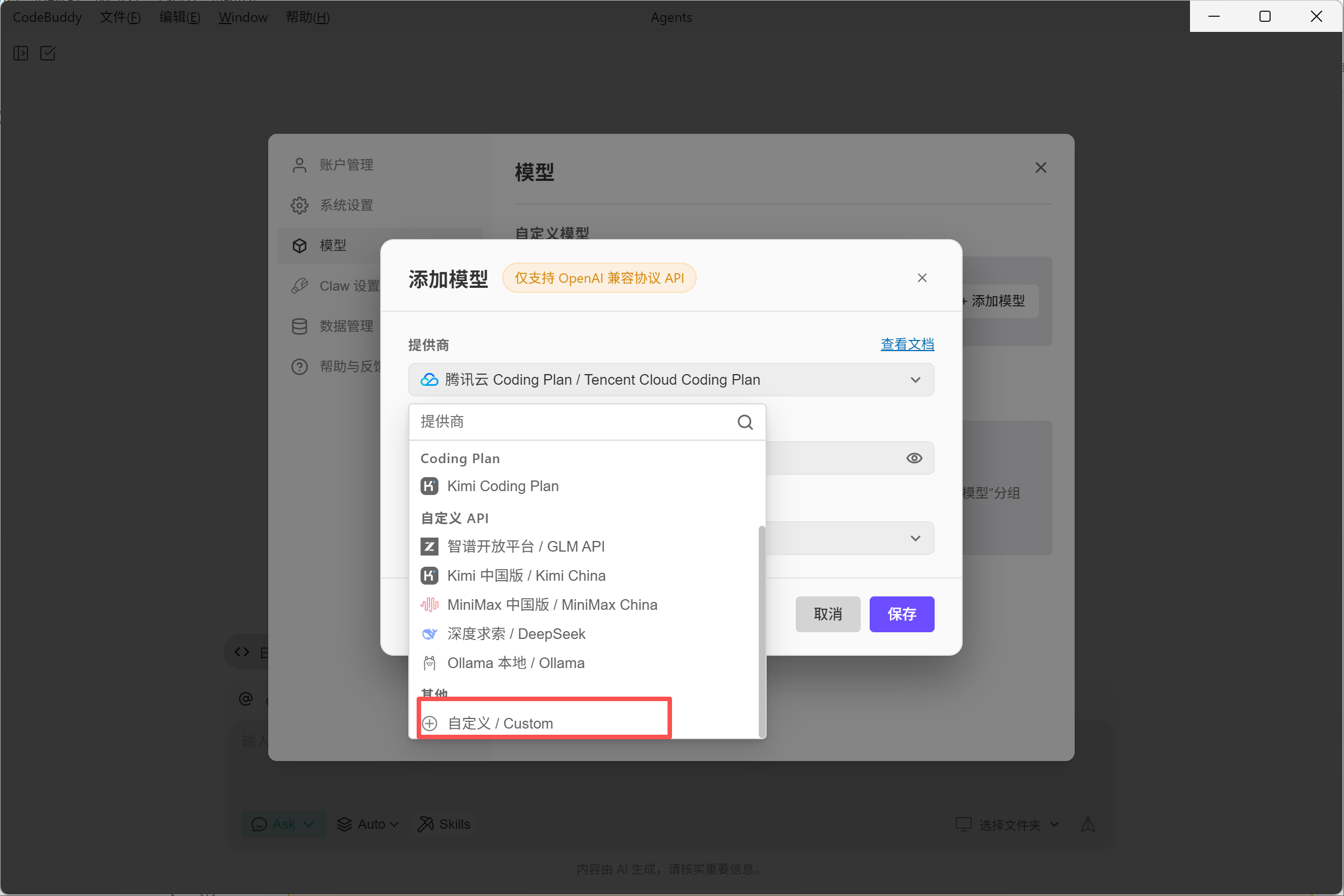选择 CodeBuddy 自定义提供商